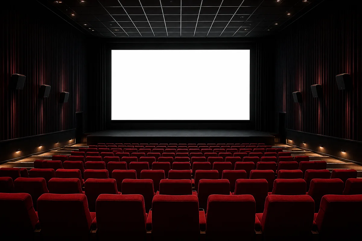 Salle de cinéma vide éclairée par un écran allumé avant la projection des bandes-annonces