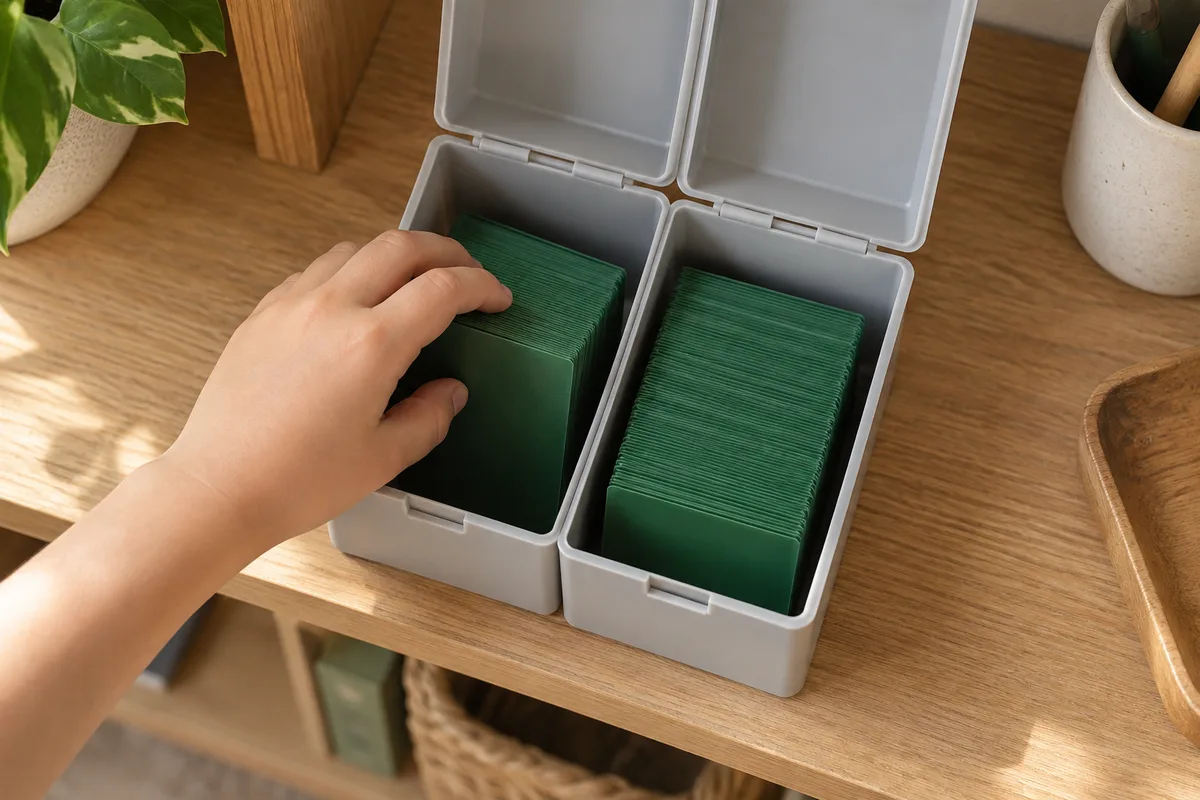 Boîte de deck double ouverte sur une étagère, deux piles de cartes rangées côte à côte