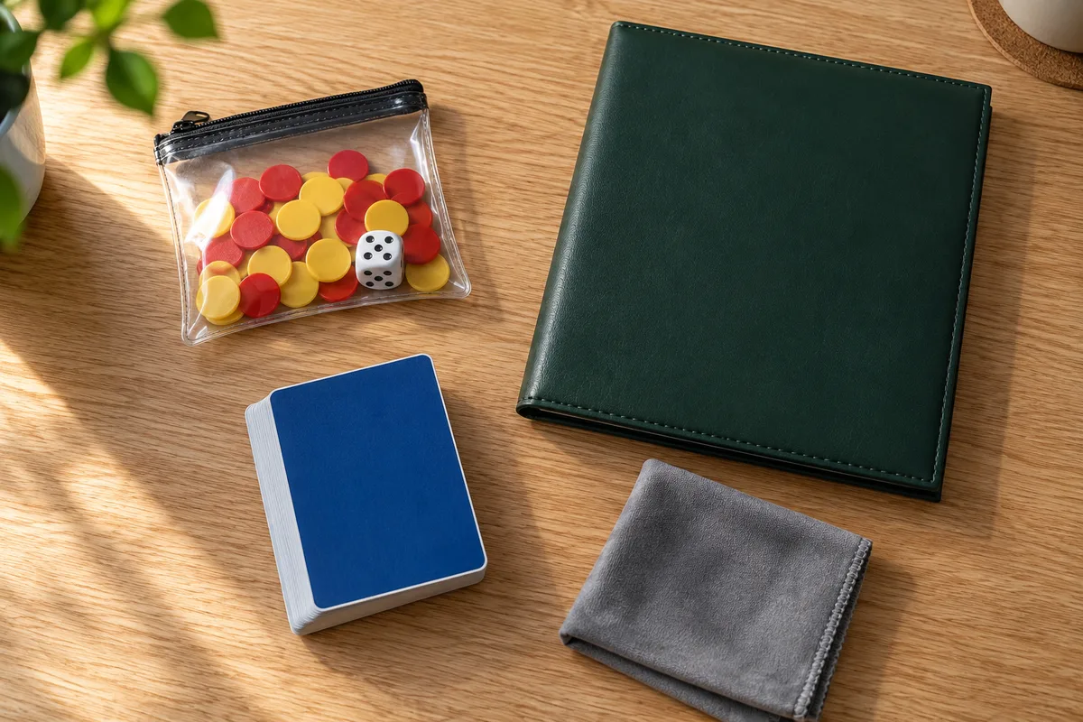 Pochette transparente de jetons et dé posée près d&rsquo;une pile de cartes retournées et d&rsquo;un portfolio fermé