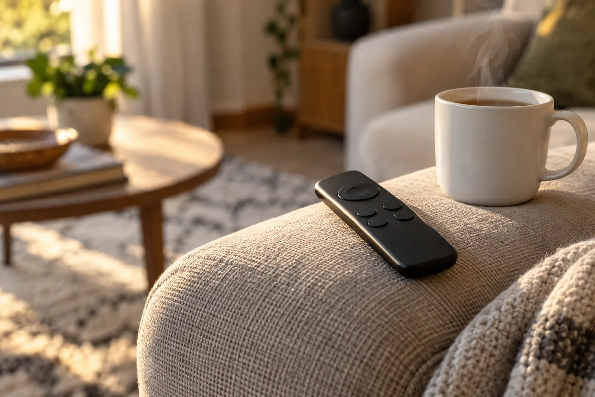 Télécommande de téléviseur posée sur un accoudoir de canapé à côté d&rsquo;une tasse