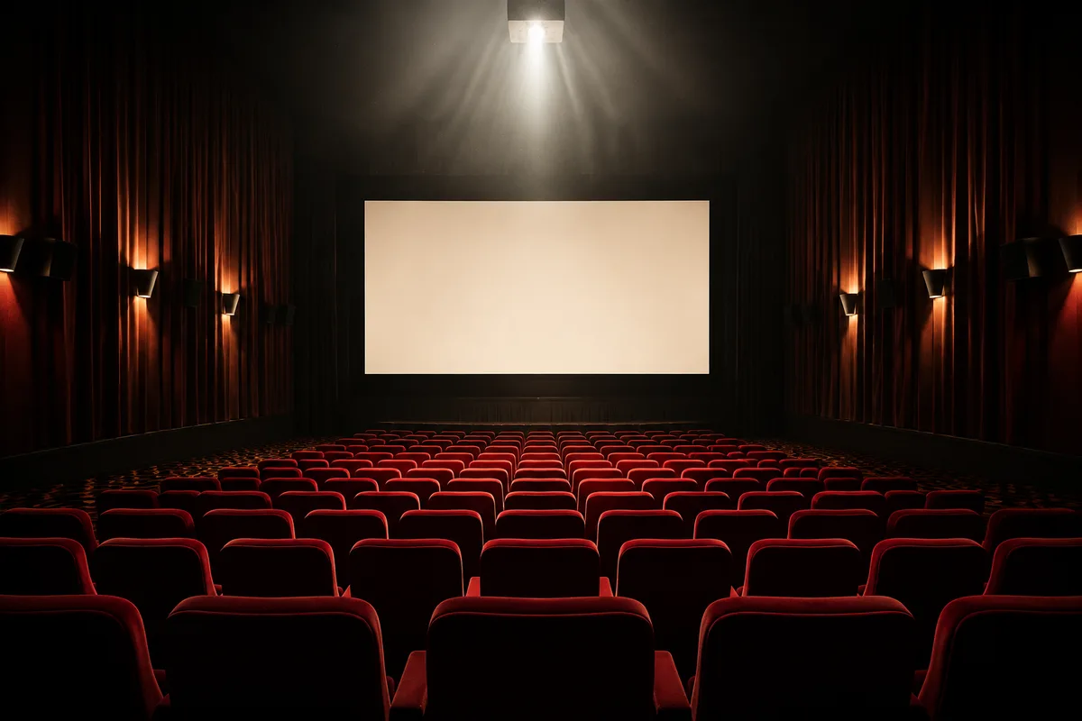 Salle de projection vide, fauteuils rouges alignés et faisceau du projecteur dans la poussière lumineuse