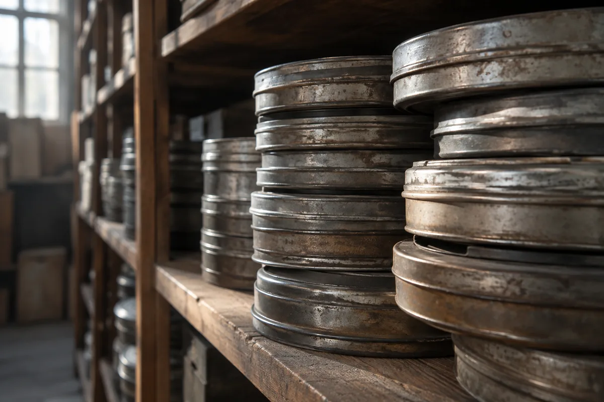 Boîtes métalliques de pellicule 35 mm empilées sur une étagère de dépôt d’archives