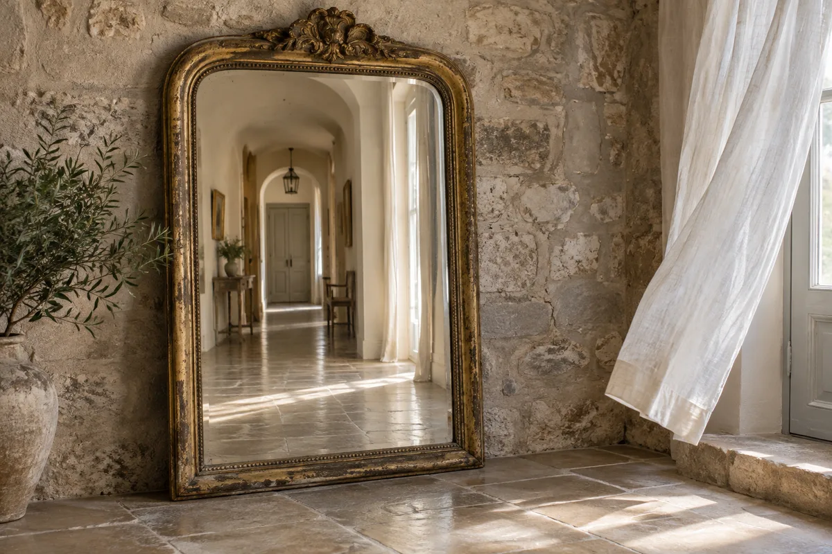 Miroir ancien à cadre doré posé contre un mur de pierre, reflet d’un couloir vide