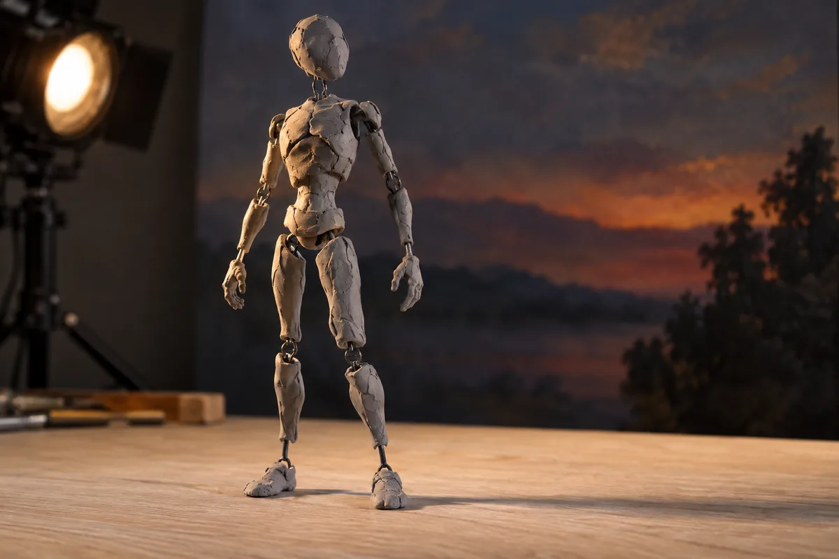 Figurine articulée en argile grise sur une armature métallique devant une toile peinte