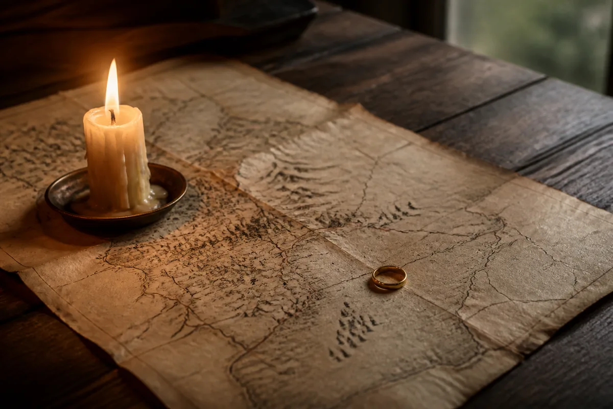Carte ancienne dépliée sur une table en bois avec bougie et anneau doré posés dessus