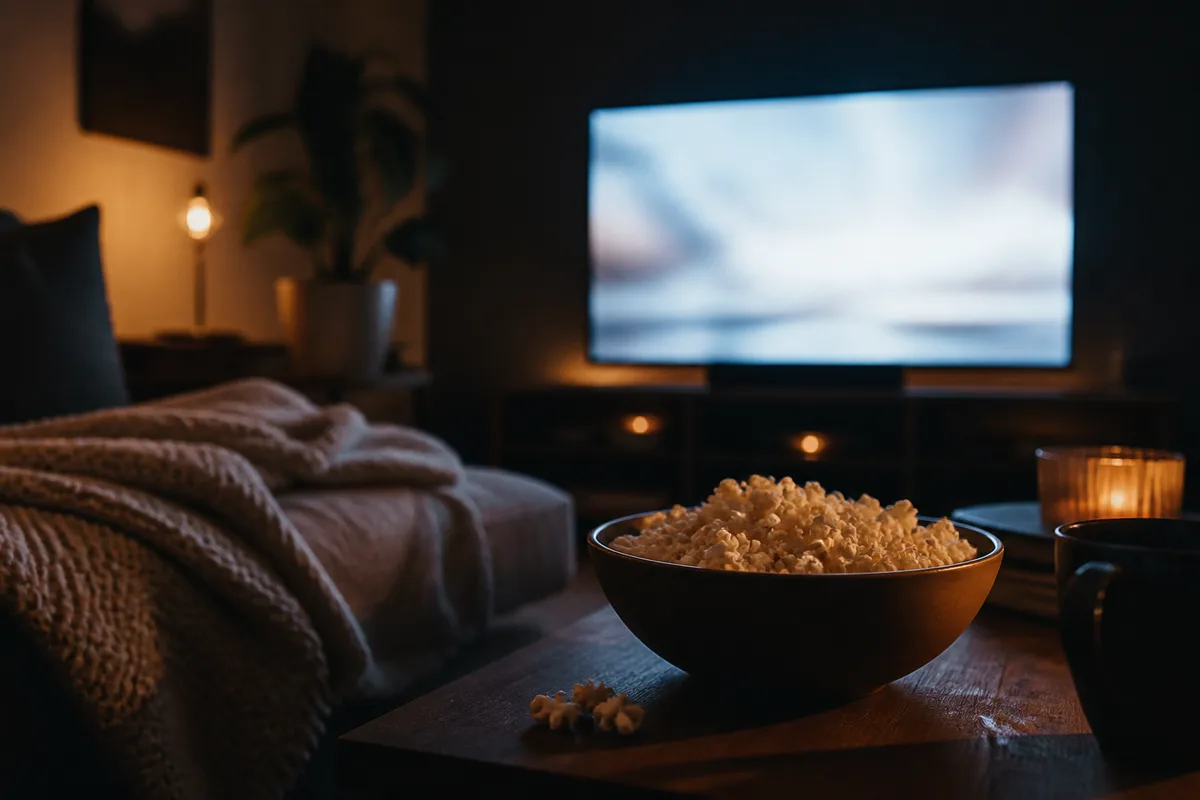 Salon sombre avec écran allumé, plaid et bol de pop-corn sur une table basse