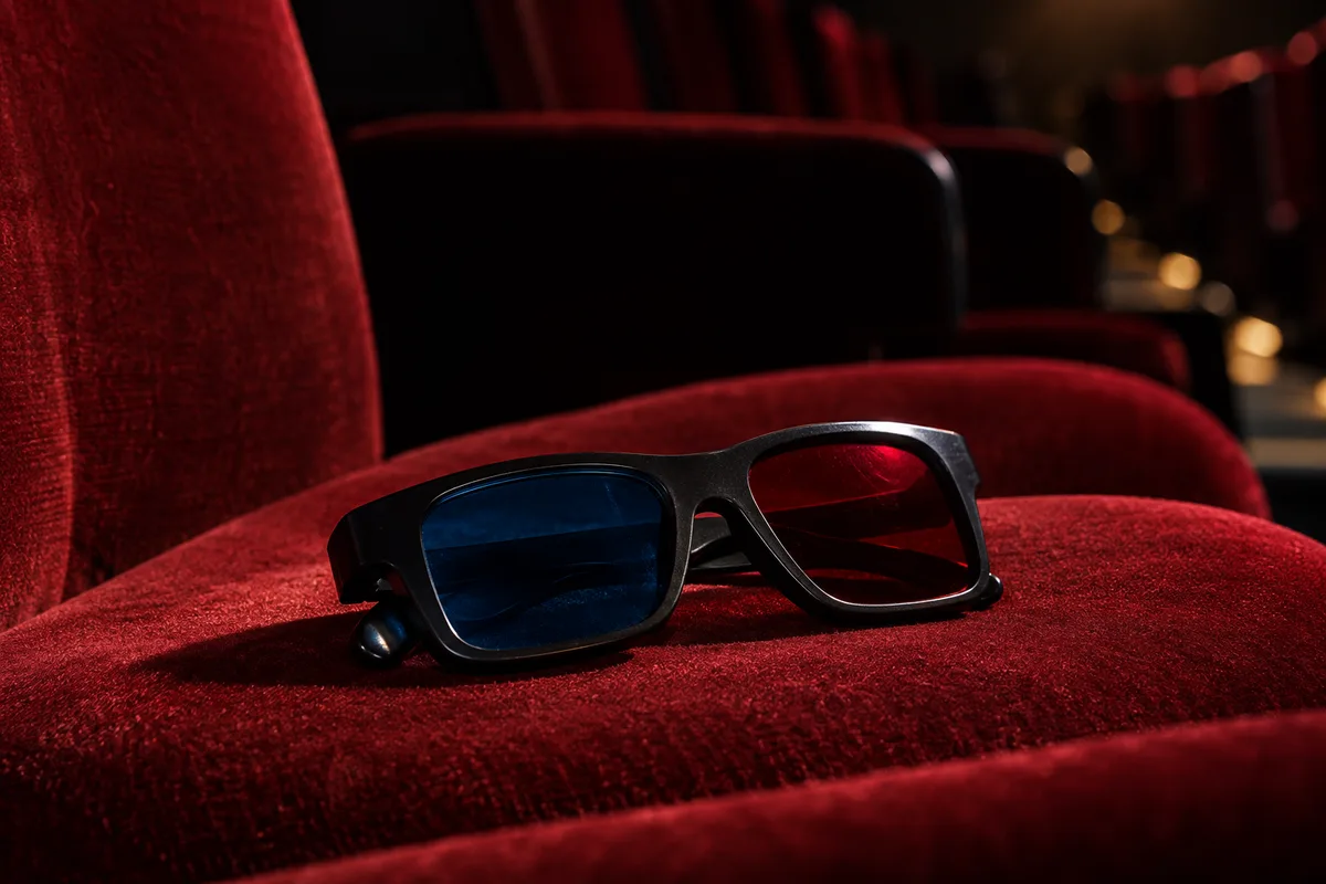Lunettes de cinéma en relief posées sur un fauteuil rouge vide dans une salle obscure