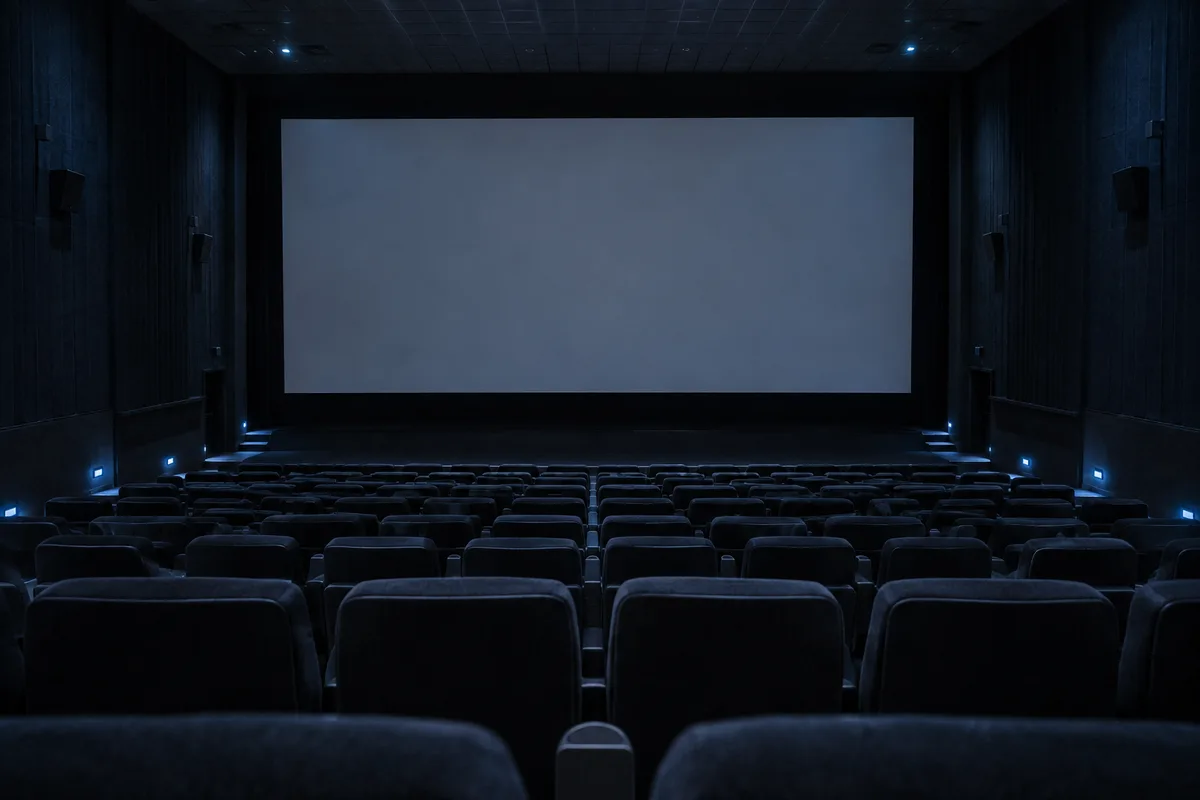 Salle de cinéma vide vue depuis les derniers rangs, écran gris faiblement éclairé