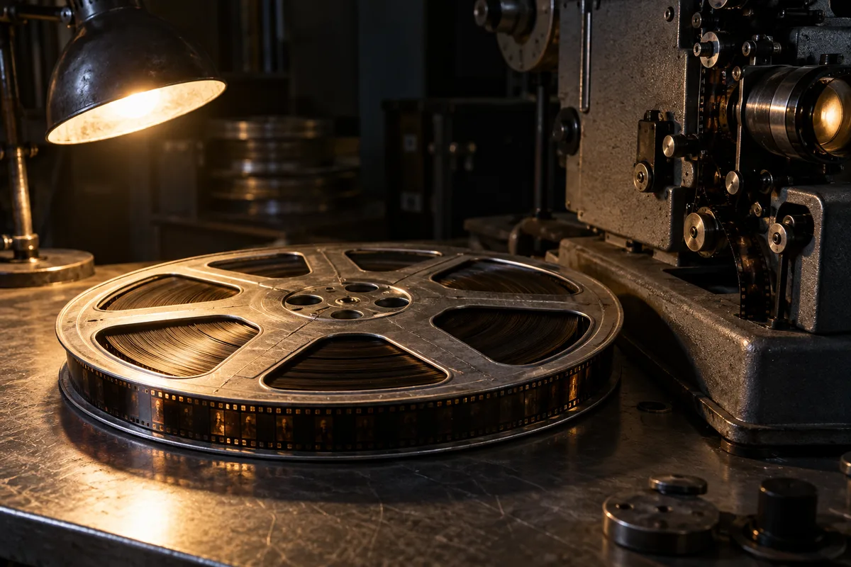 Bobine de film posée près d&rsquo;un projecteur dans une cabine de projection sombre