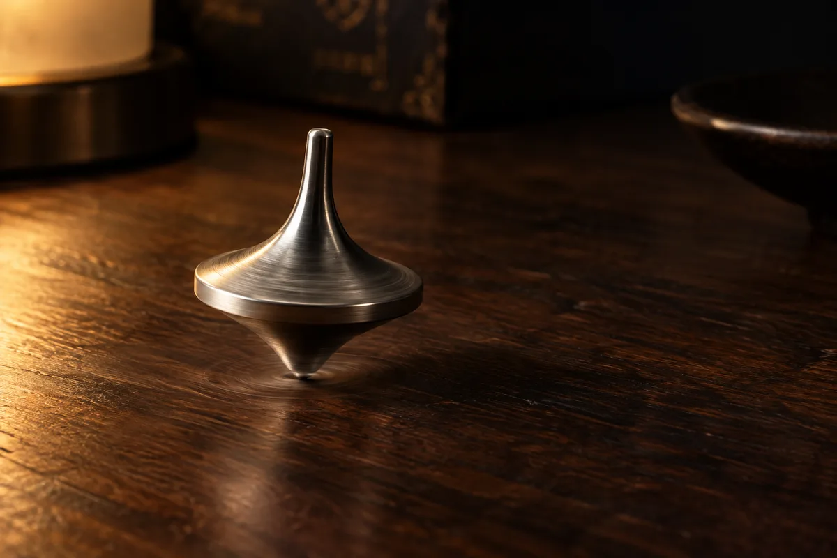 Petite toupie en métal qui tourne sur une table en bois sombre éclairée par une lampe basse