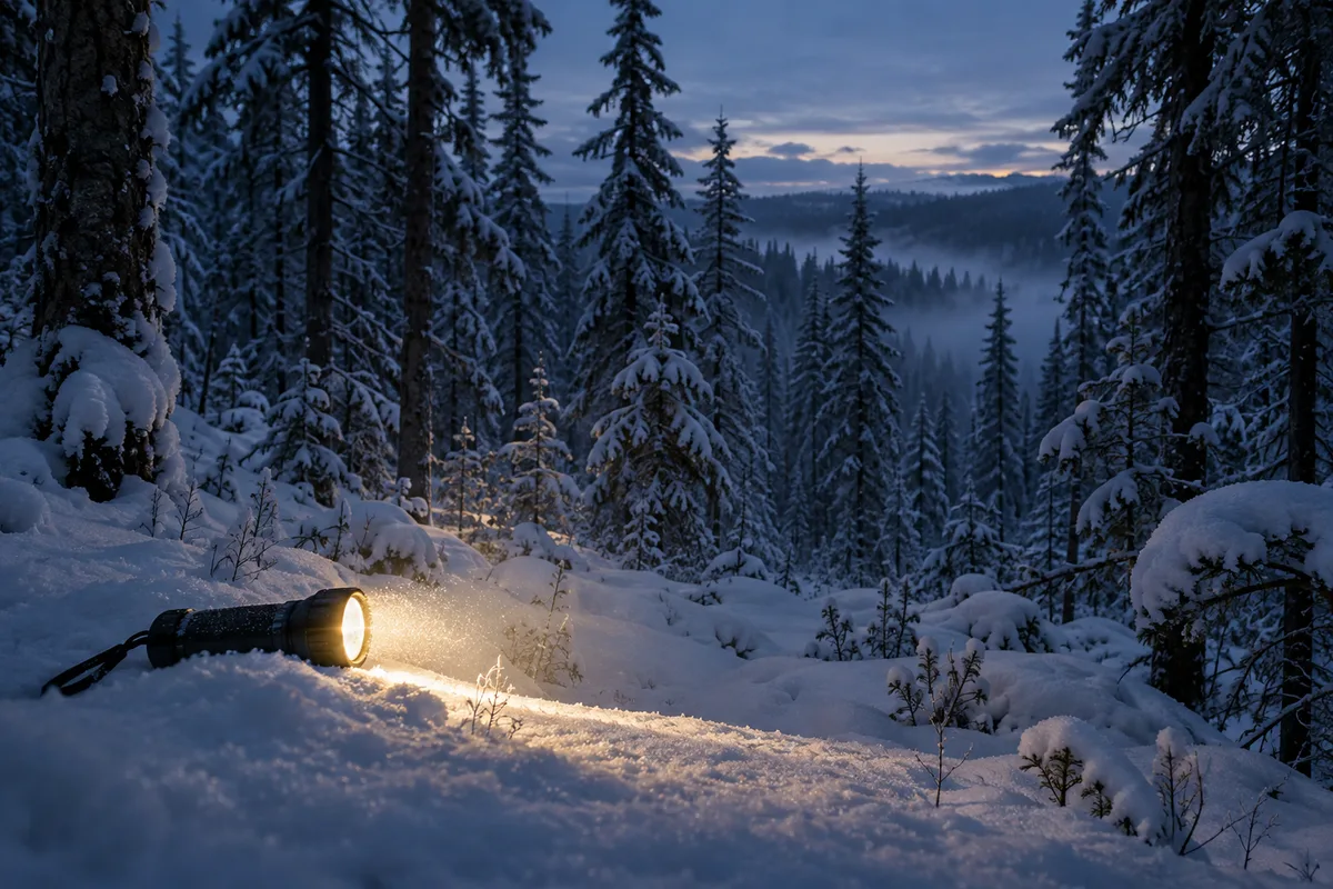 Forêt de sapins enneigée au crépuscule avec une lampe torche allumée posée dans la neige