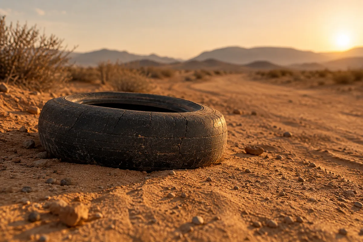 Vieux pneu noir couché sur une piste de sable dans un désert sous un soleil bas