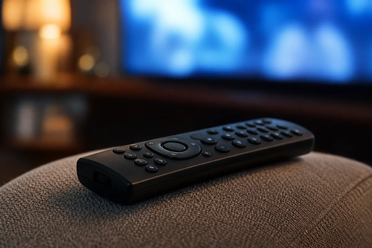 Télécommande posée sur un accoudoir de canapé face à un téléviseur flou en arrière-plan