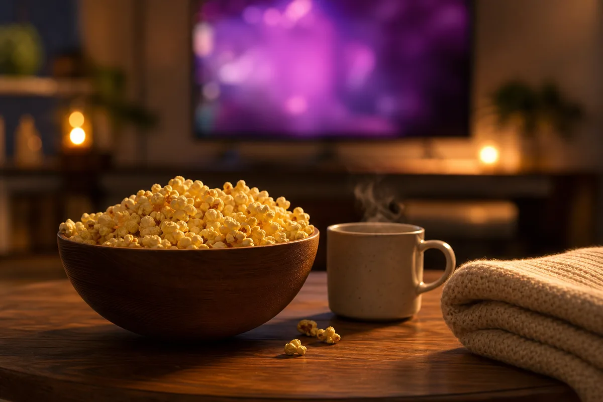 Bol de pop-corn et boisson chaude sur une table basse devant un écran de télévision flou