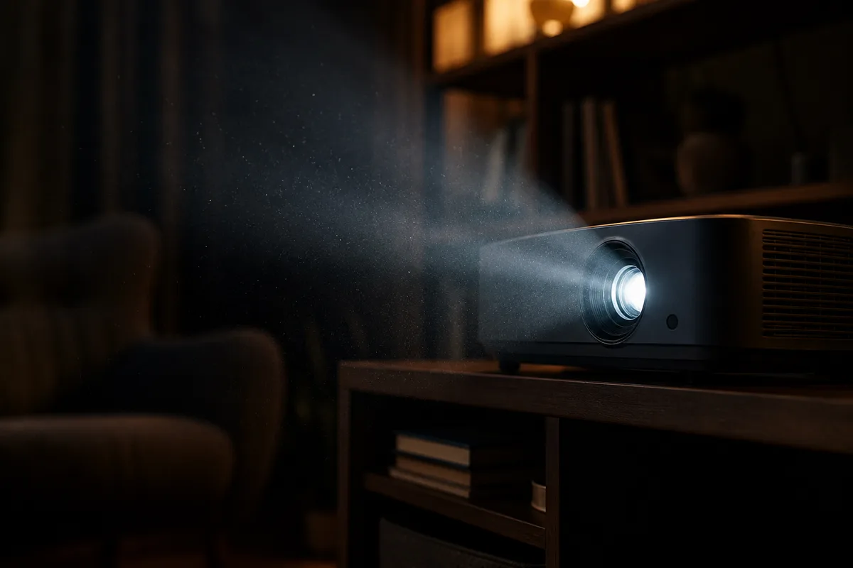 Vidéoprojecteur allumé dans l&rsquo;obscurité projetant un faisceau lumineux traversé de poussière