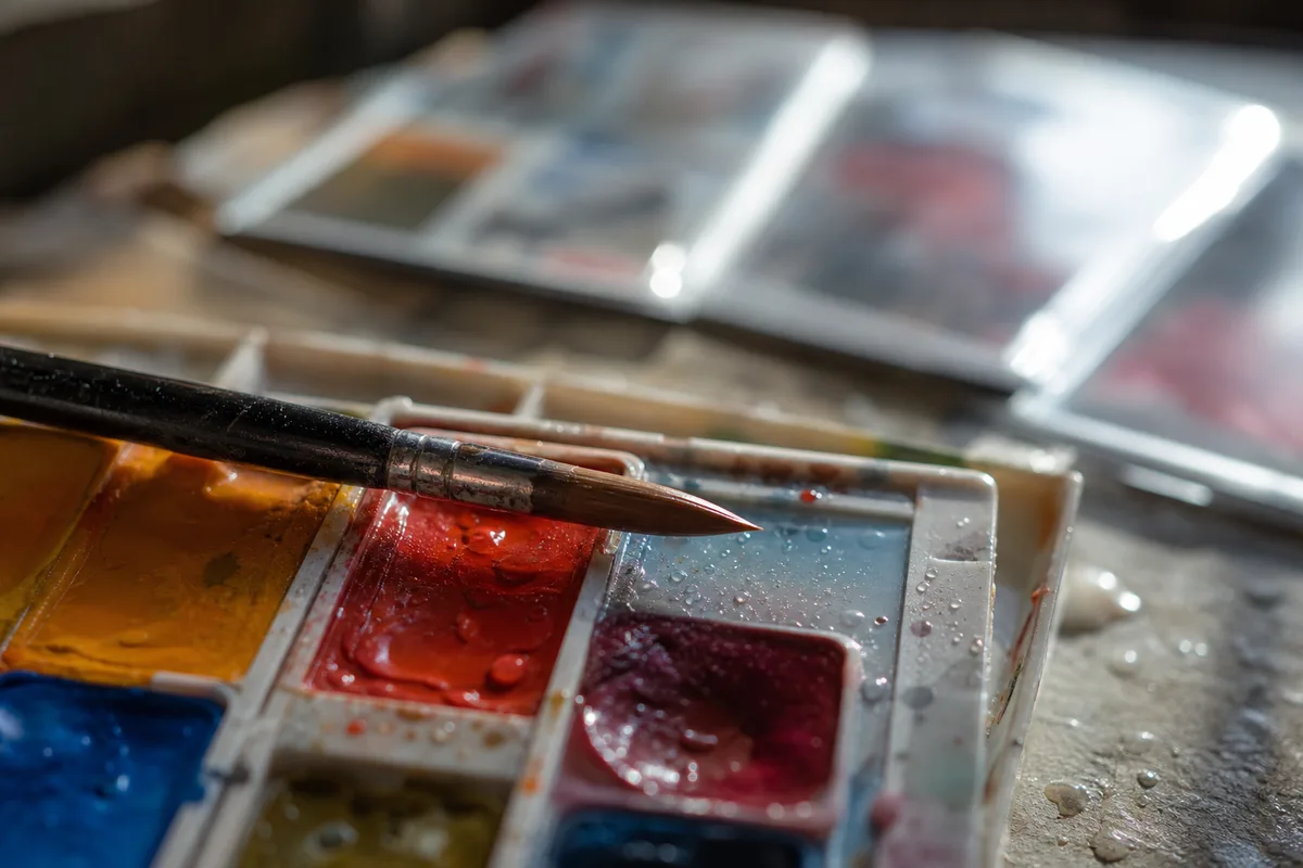Table de travail d’un illustrateur avec pinceaux et aquarelles, cartes à collectionner floues en arrière-plan