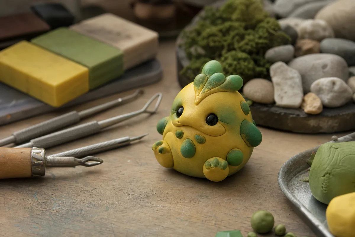 Sculpture miniature en pâte à modeler colorée sur un plan de travail d’artiste avec outils de modelage