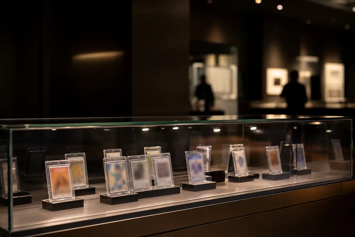 Vitrine d’exposition éclairée présentant des cartes à collectionner sous verre dans une galerie