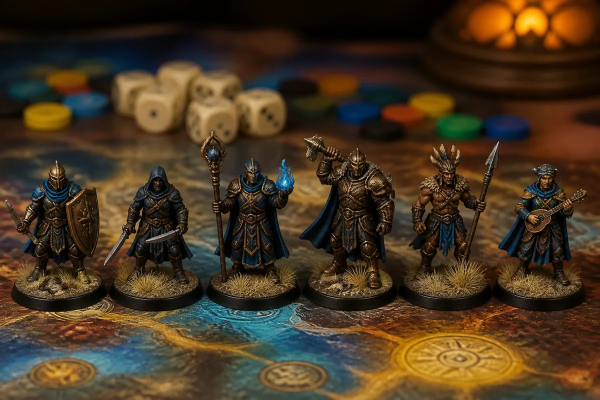 Figurines terminées alignées sur des socles texturés au bord d&rsquo;un plateau de jeu