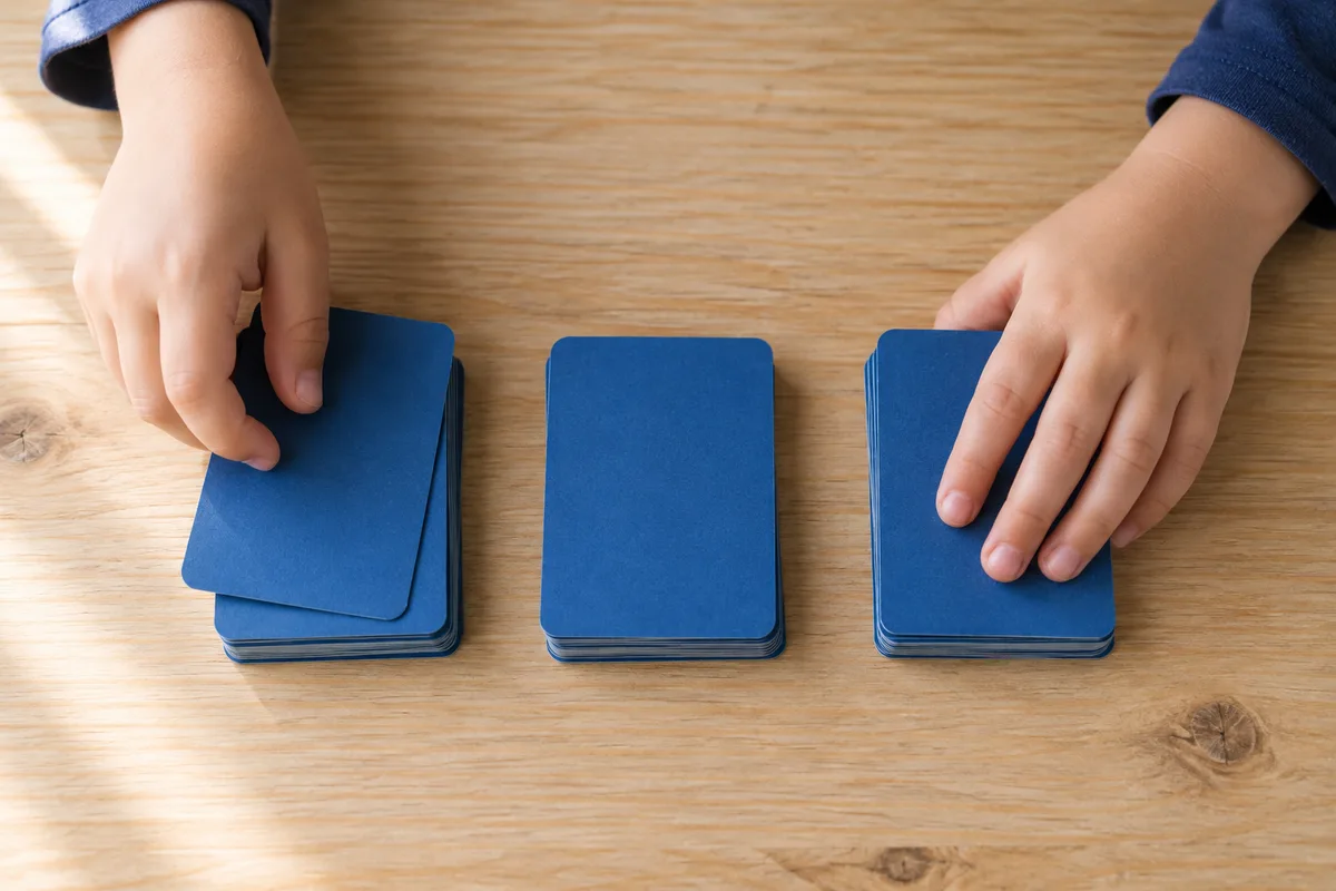 Mains d’enfant qui trient des cartes à collectionner en trois piles au dos bleu uni sur une table claire