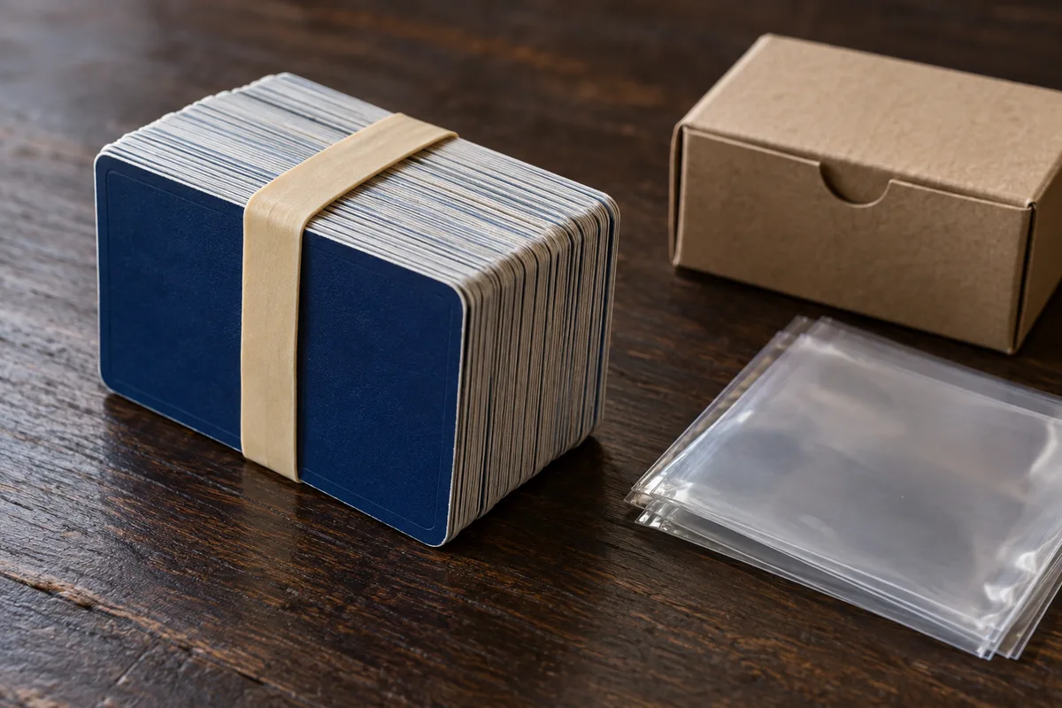 Pile de cartes à collectionner serrée par un élastique, posée sur la tranche près d’une boîte en carton