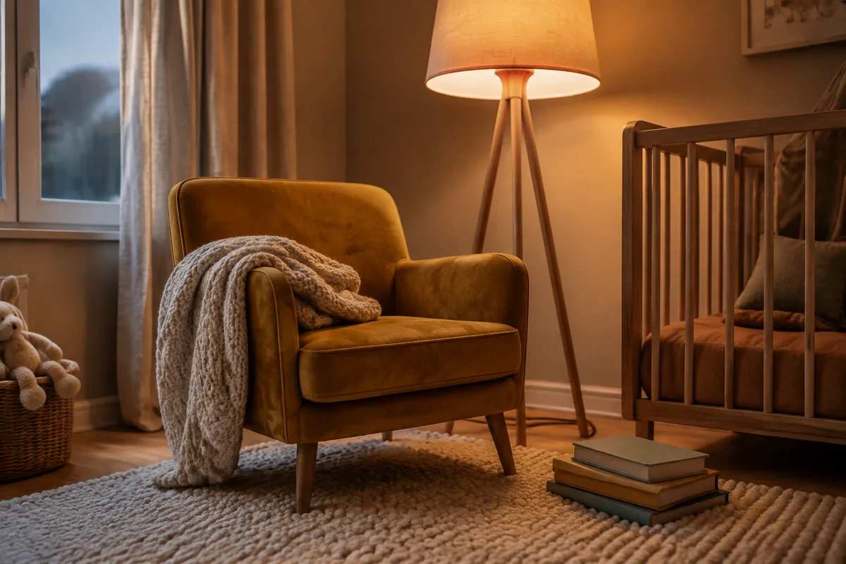 Coin lecture d’enfant sous une lampe chaude avec un fauteuil et des livres