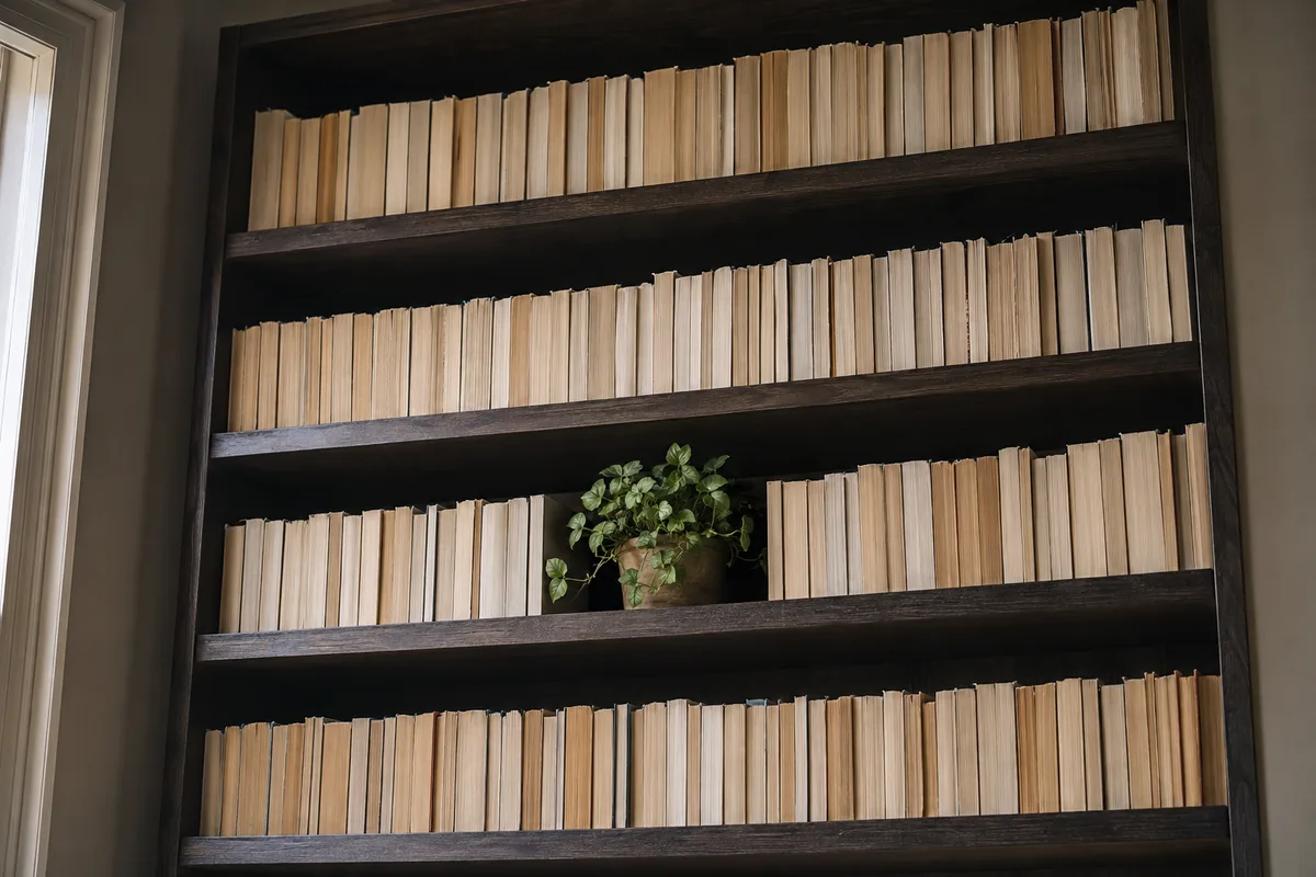 Bibliothèque d’adolescent photographiée en contre-plongée, étagères pleines