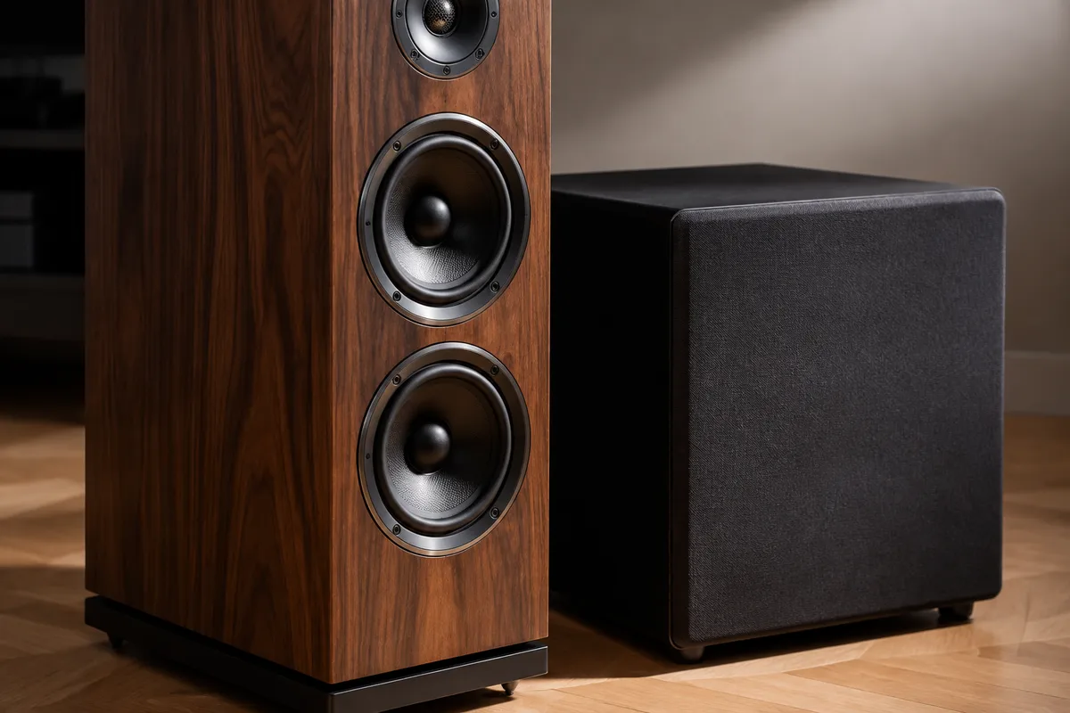 Enceinte colonne et caisson de basses installés dans un salon aménagé en home cinéma