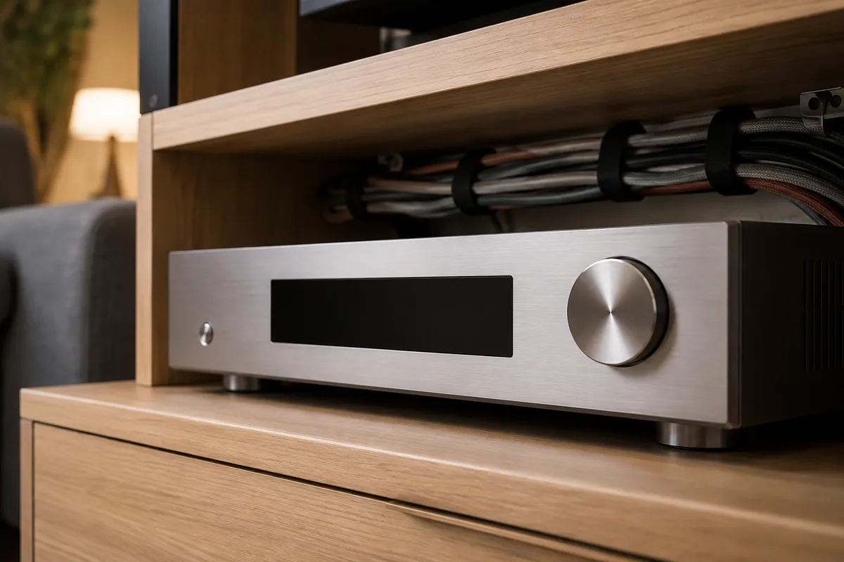 Amplificateur audio-vidéo et câbles d’enceintes rangés dans un meuble bas en bois