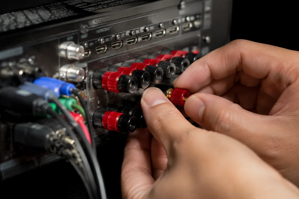 Prises HDMI et borniers d’enceintes à l’arrière d’un amplificateur home cinéma