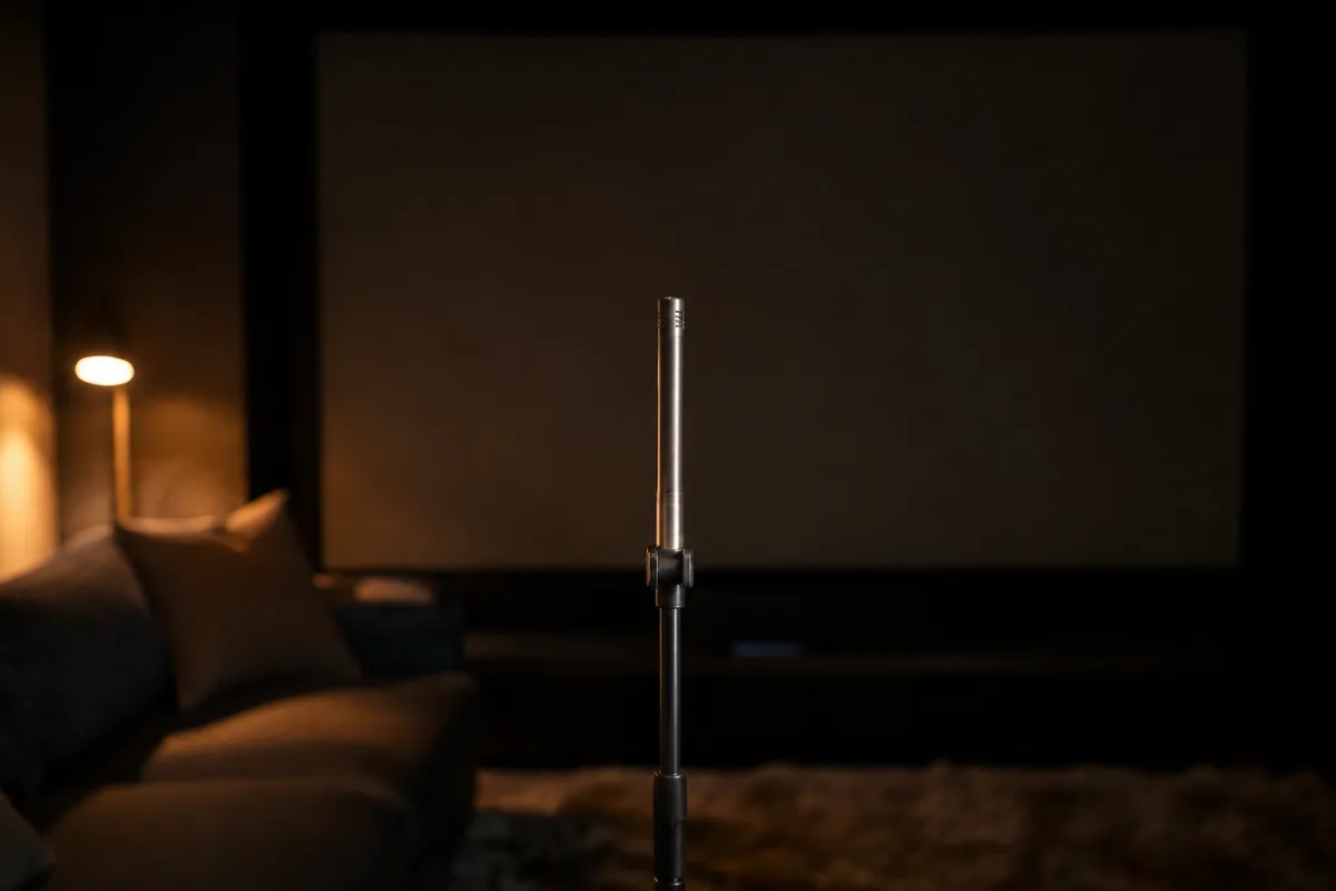Micro de calibration sur pied posé à hauteur d’écoute dans un salon sombre