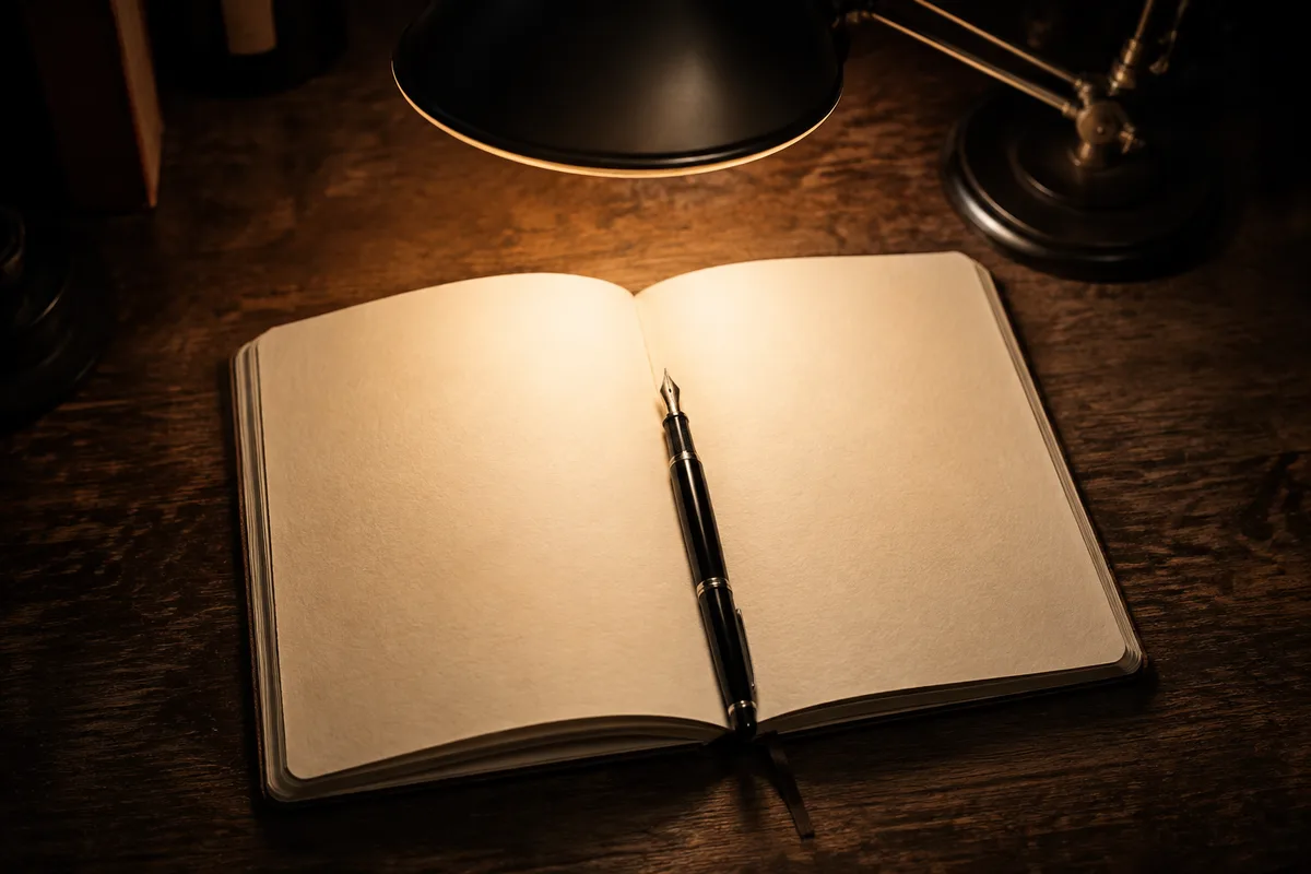 Carnet ouvert et stylo sur un bureau en bois sombre éclairé par une lampe