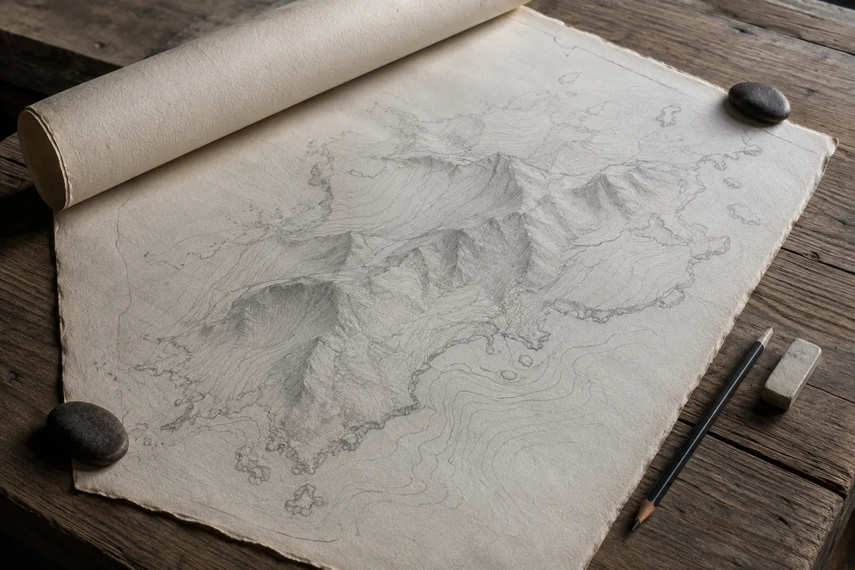 Carte dessinée à la main roulée sur une table de bois, reliefs et traits au crayon