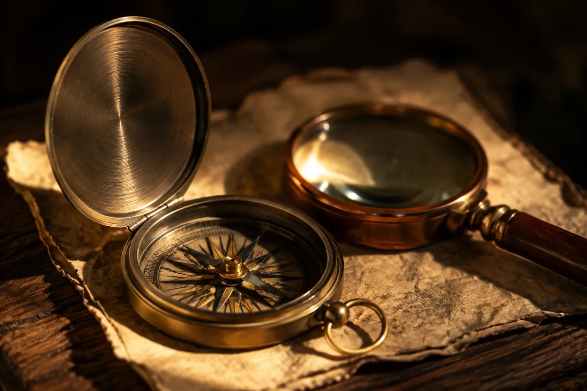 Boussole et loupe posées sur du papier vieilli, lumière chaude rasante